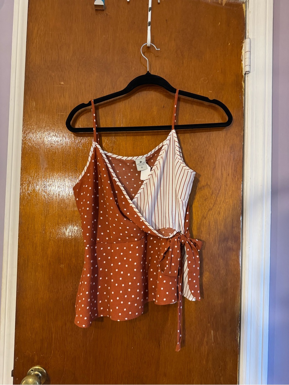 Paper Crane Rust & White Polka Dot and Stripe Wrap Cami
